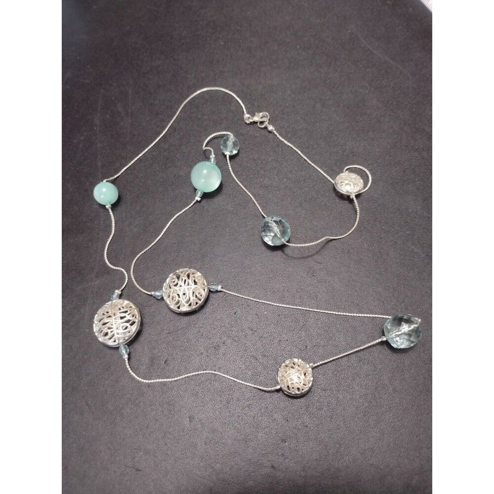 Silver tone and blue bead necklace 36"